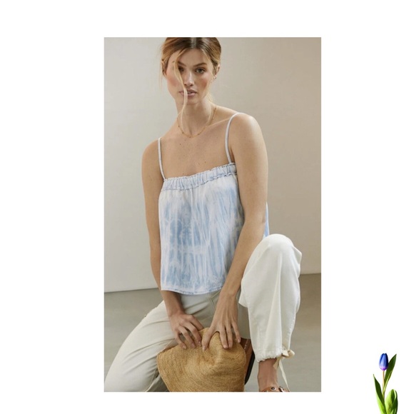 Cloth & Stone x Anthropologie Blue and White Smocked Camisole - Picture 1 of 8